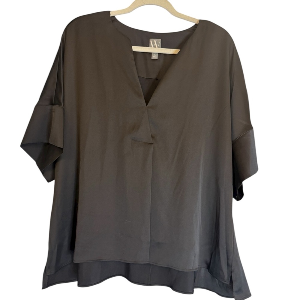 Worthington Black V-Neck Flowy Blouse XL | Oversized Drapey Split Hem Top**